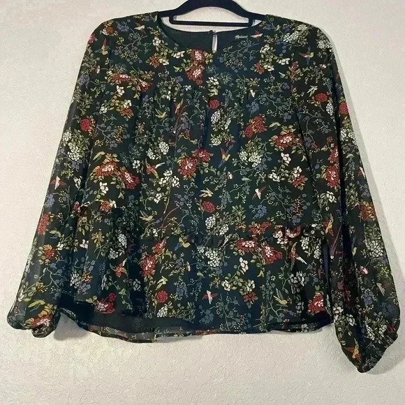 Madewell Finch Floral Ruffle Shirt Birds Black Chiffon Long Sleeve Blouse Top S - Picture 3 of 10